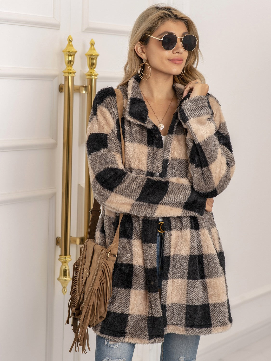 Plaid Collared Neck Longline Coat | Coat With Clasp Closure & Long Sleeves