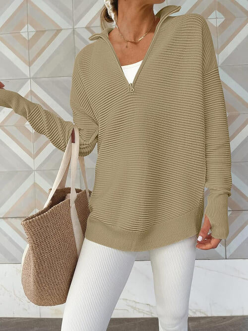 Half Zip Long Sleeve Knit Top | Casual Woman's Solid Stretchy Drop Shoulder Top