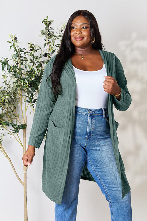 Basic Bae Full Size Ribbed Open Front Long Sleeve Cardigan | Hooded Cardigan