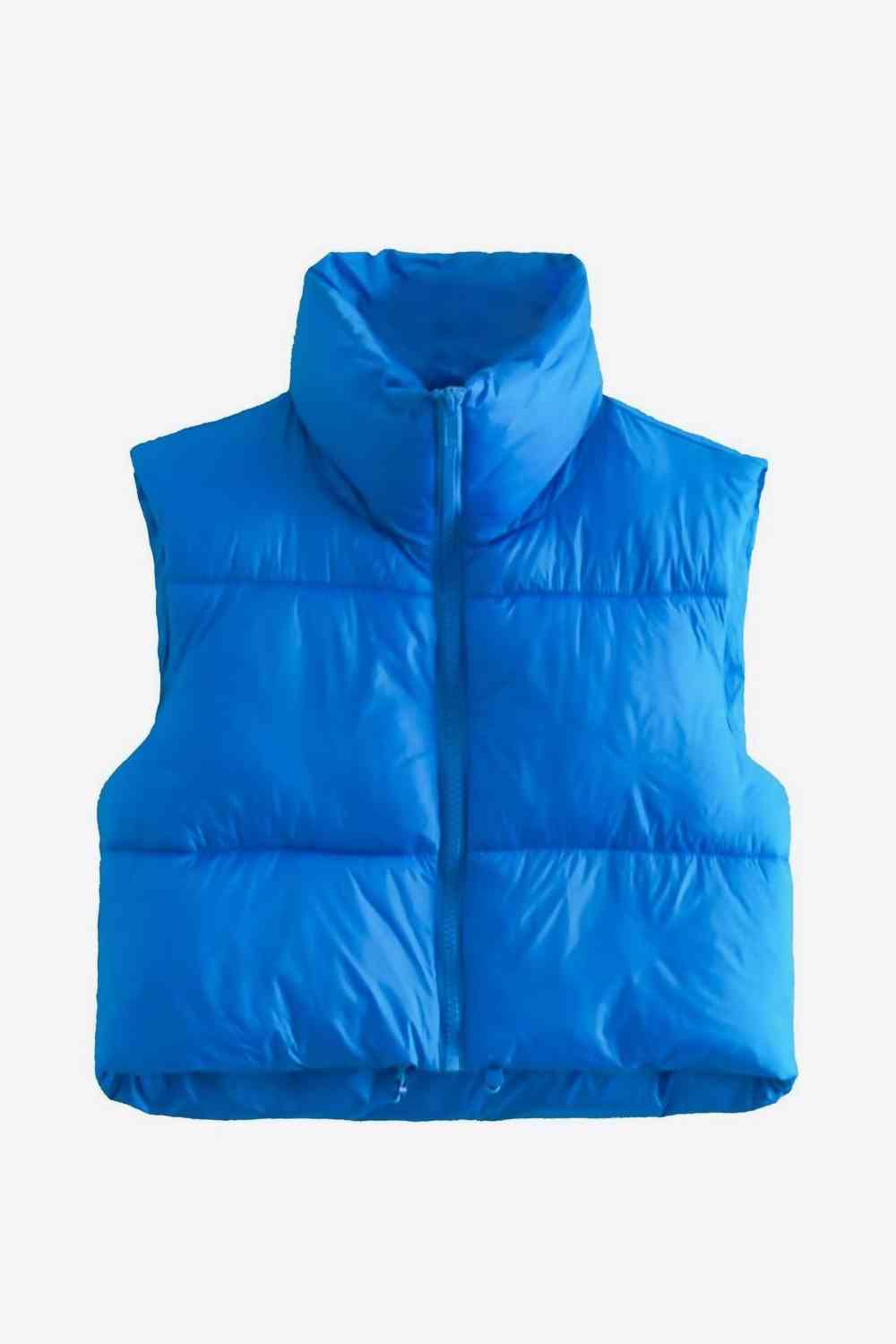 Zip-Up Drawstring Puffer Vest | Cropped Solid Band Collar Polyester Vest