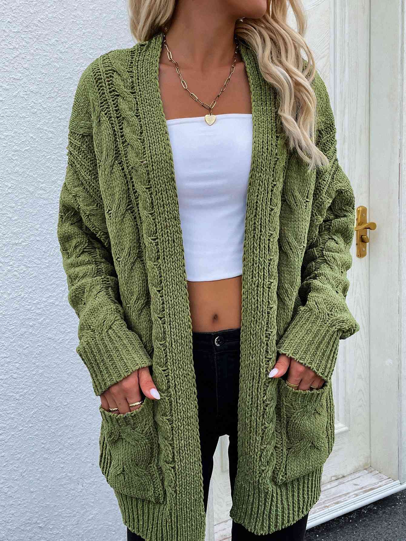 Woven Right Cable-Knit Open Front Cardigan with Front | Pockets Acrylic Cardigan