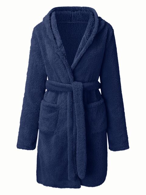 Tie Waist Hooded Robe | Soft Solid Stretched Polyester Robe With Pockets