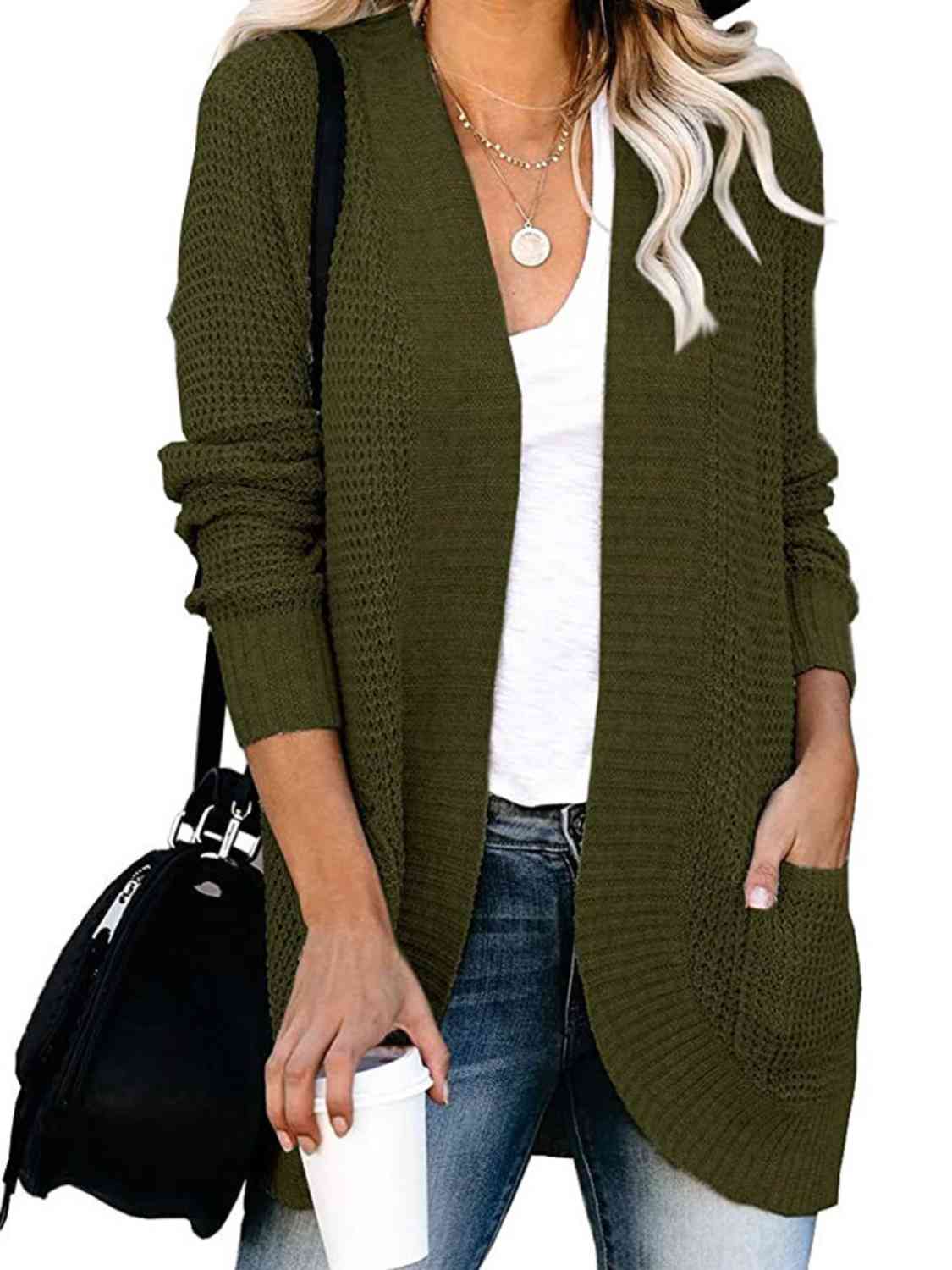 Open Front Long Sleeve Cardigan | Casual Polyester Cardigan With Side Pockets