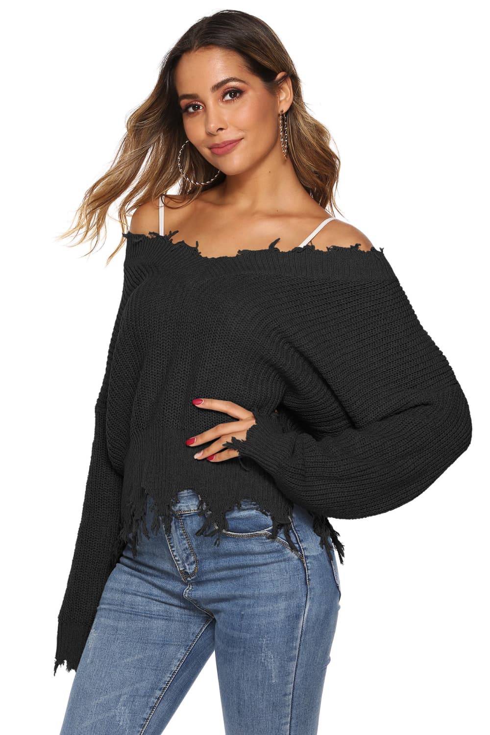 Off-Shoulder Ribbed Long Sleeve Raw Hem Sweater | Casual Polyester Sweater