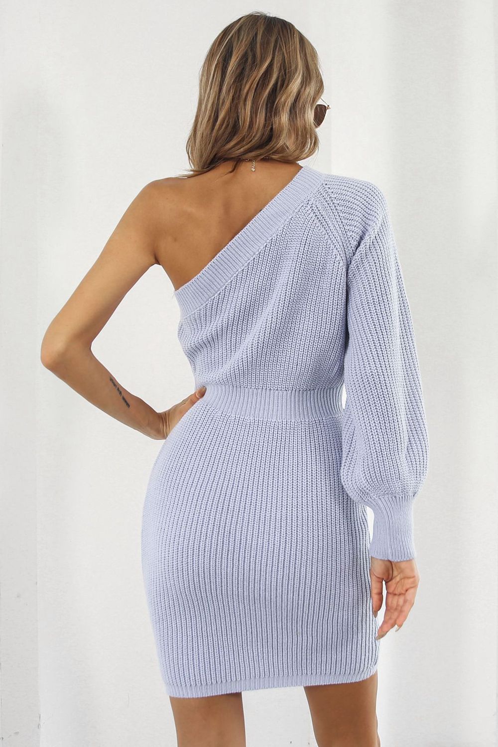 One Shoulder Raglan Sleeve Pencil Sweater Dress | Solid Acrylic Ribbed Dress