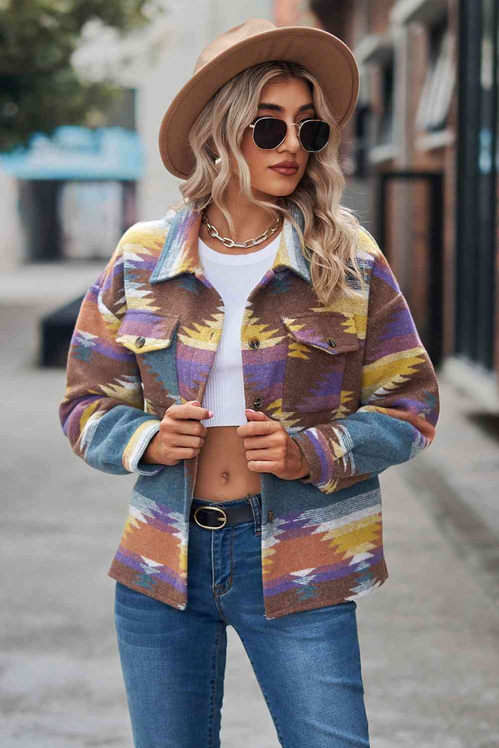 Printed Collared Neck Jacket | Casual Multicolored Jacket With Button Closure