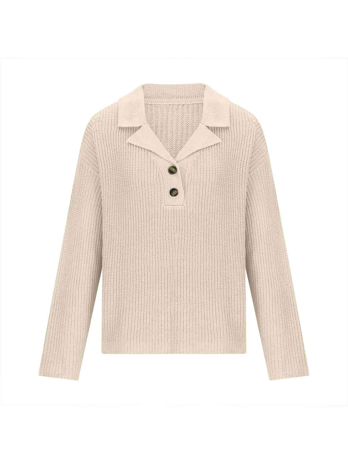 Collared Neck Half Button Knit Top | Ribbed Acrylic Sweater With Long Sleeves