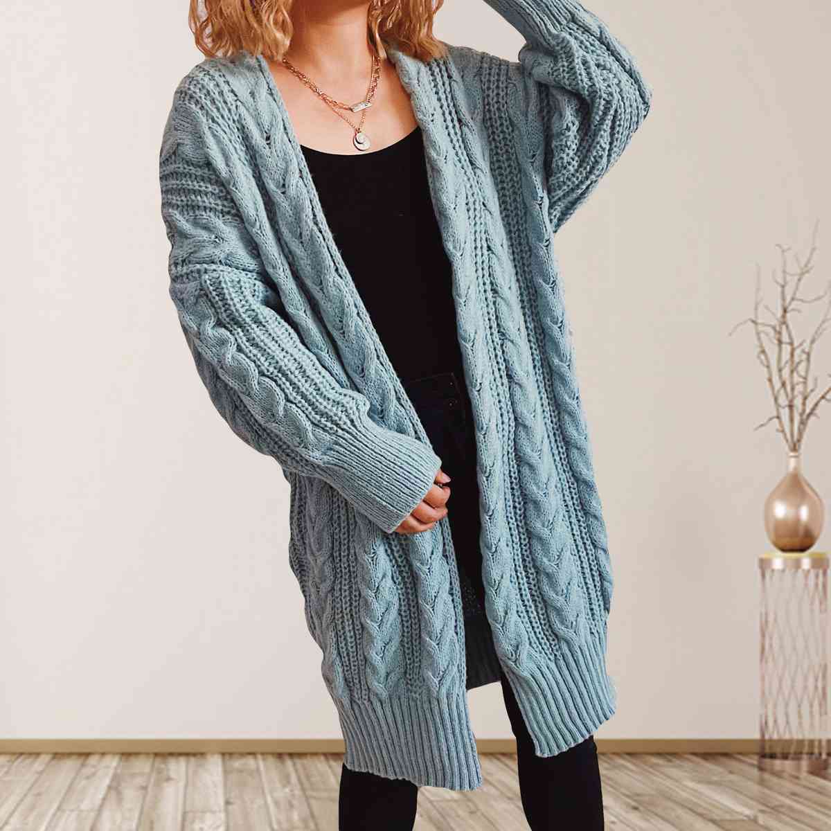 Cable-Knit Open Front Dropped Shoulder Cardigan | Warm Cardigan With Ribbed Hem