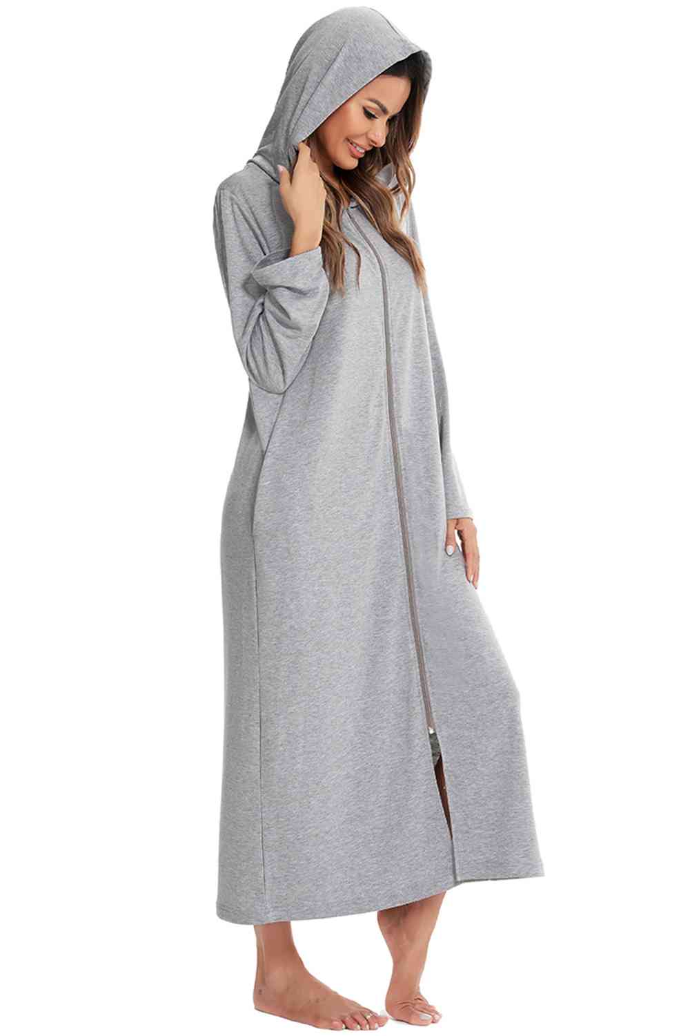 Zip Front Hooded Night Dress with Pockets