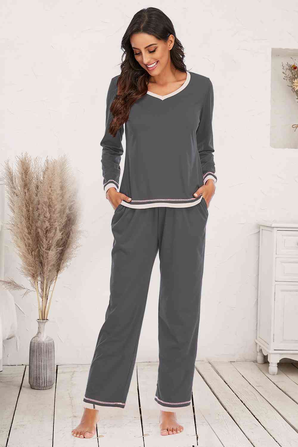 V-Neck Top and Pants Lounge Set | Woman's Cotton Night Set With Pocketed Pants