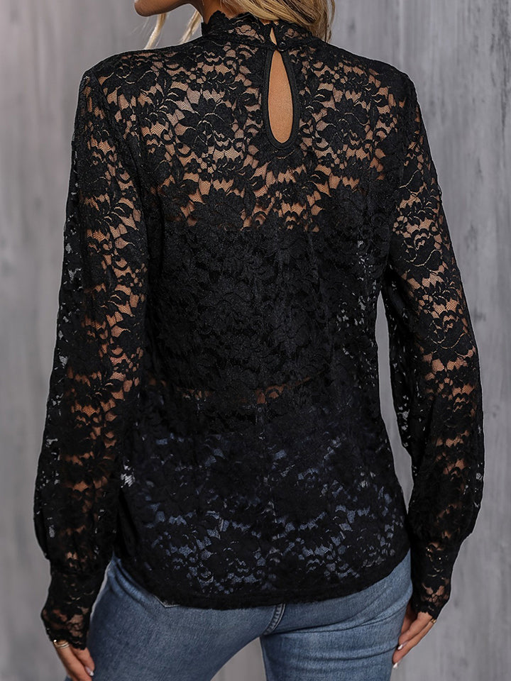 Mock Neck Lace Blouse | Woman's Semi-Sheer Polyester Top With long Sleeves