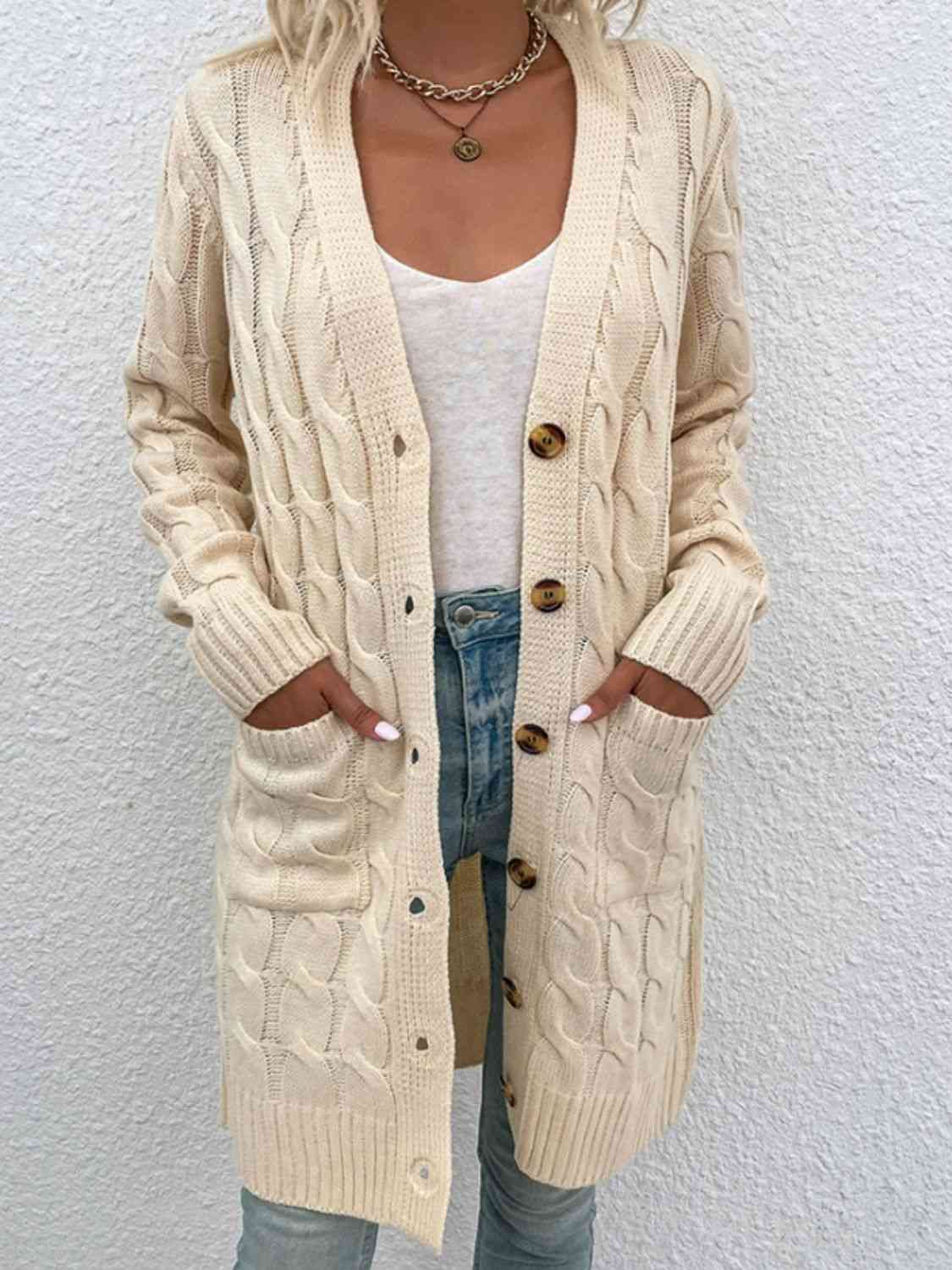 Cable-Knit Button Down Cardigan with Pockets | Cardigan With Ribbed Details