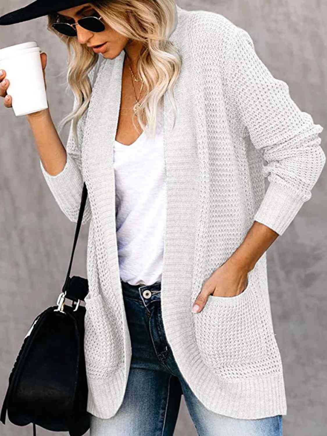 Open Front Long Sleeve Cardigan | Casual Polyester Cardigan With Side Pockets