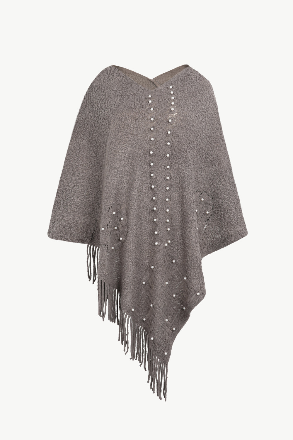 Pearl Trim Fringe Hem Poncho | Casual Solid Woman's Stretchy Acrylic Poncho