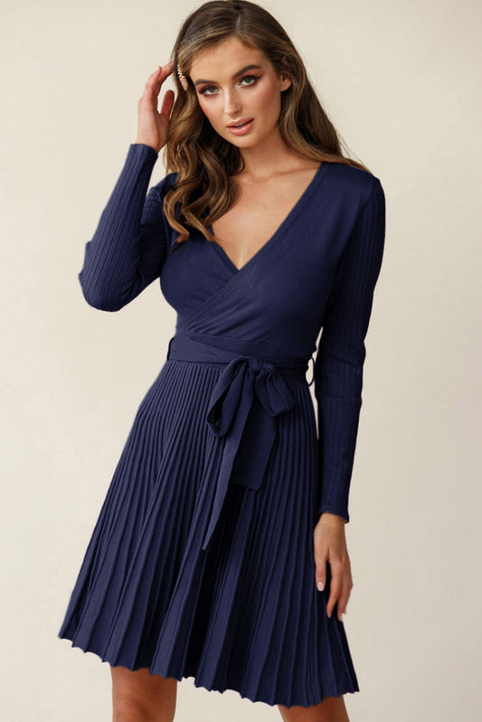 Surplice Neck Tie Waist Pleated Dress | Solid Viscose Dress With Long Sleeves