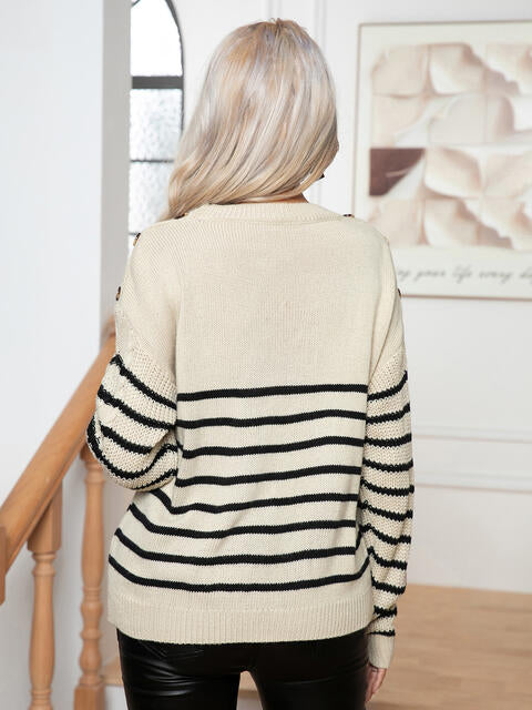 Striped Round Neck Cable-Knit Sweater | Acrylic Sweater With Ribbed Cuffs