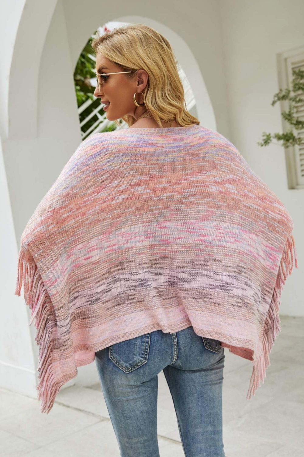 Round Neck Fringe Detail Poncho | Casual Woman's Knitted Stretch Acrylic Poncho