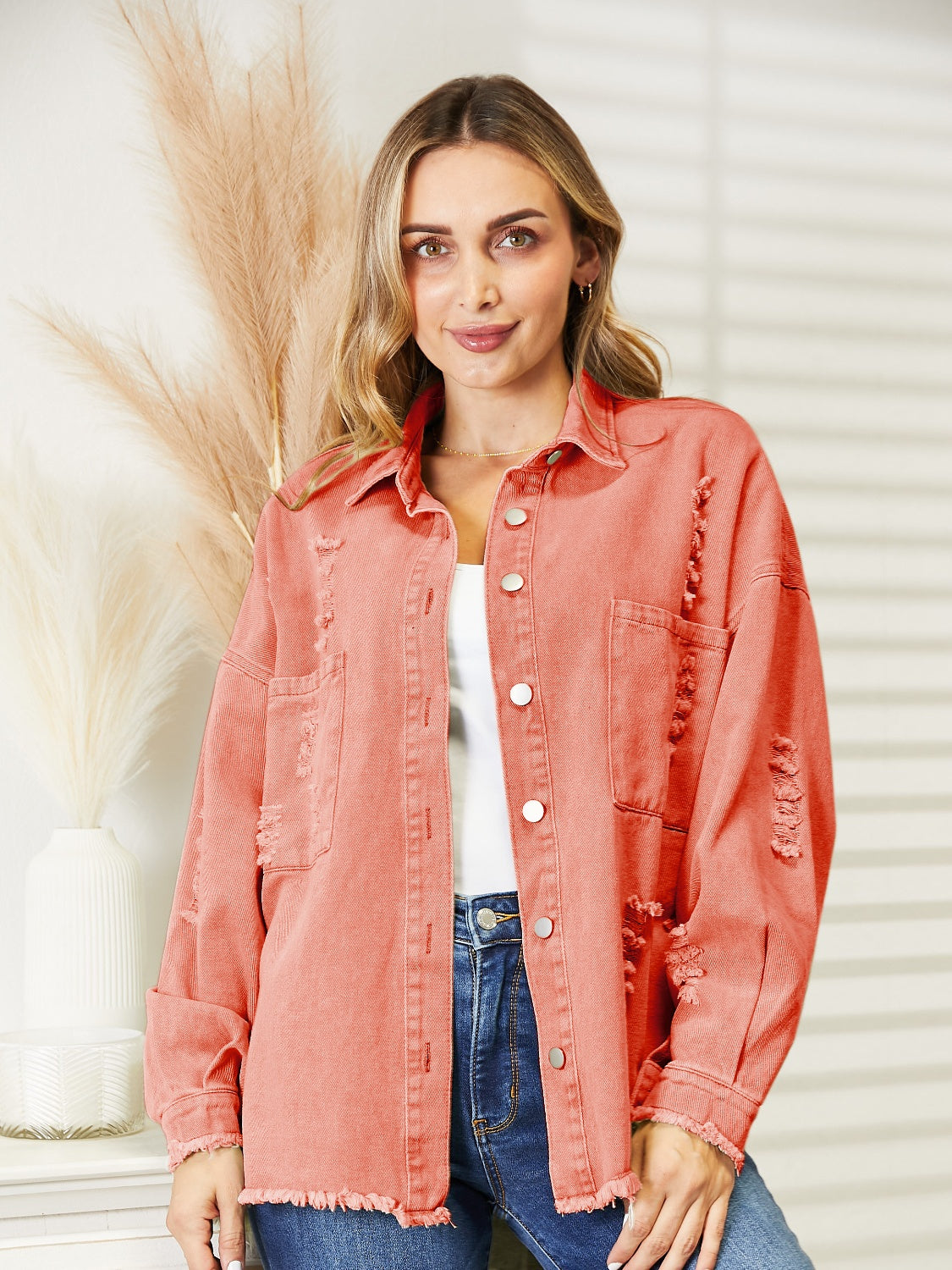 Distressed Raw Hem Denim Jacket | Casual Solid Pocketed Jacket With Collar Neck