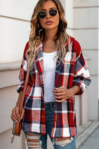 Button Up Plaid Hooded Jacket | Casual Polyester Modern Jacket With long Sleeves