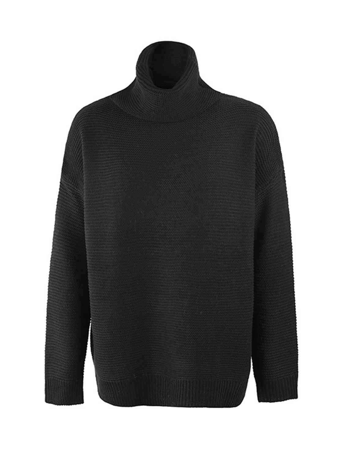 Turtleneck Dropped Shoulder Slit Sweater | Fashionable Knitted Acrylic Sweater