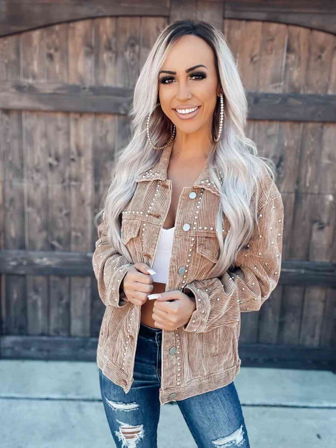 Studded Collared Neck Button Down Jacket | Casual Jacket With Chest Pockets