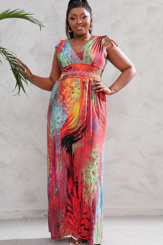 Plus Size Surplice Neck Smocked Waist Maxi Dress | Sleeveless Multicolored Dress