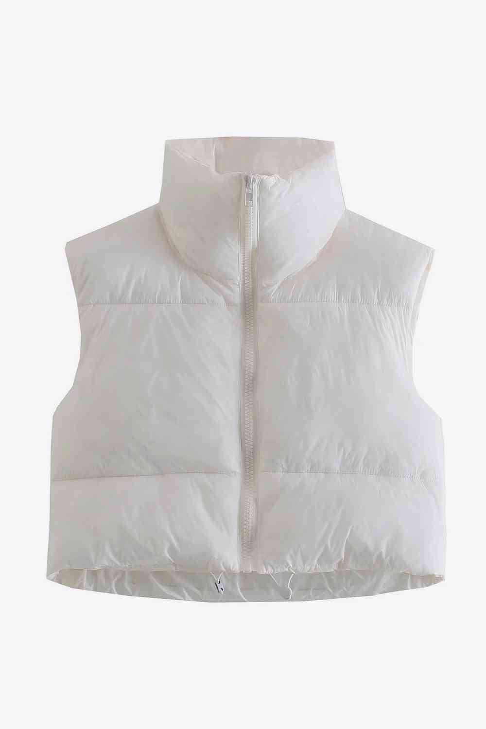 Zip-Up Drawstring Puffer Vest | Cropped Solid Band Collar Polyester Vest