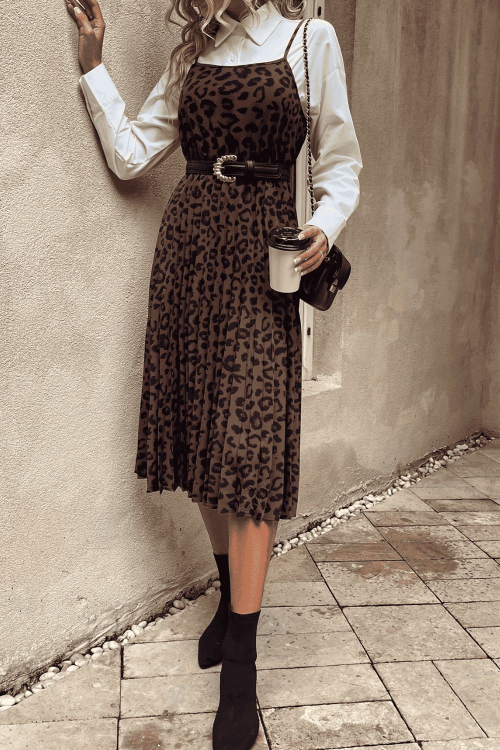 Leopard Print Spaghetti Straps Straight Neck Midi Dress