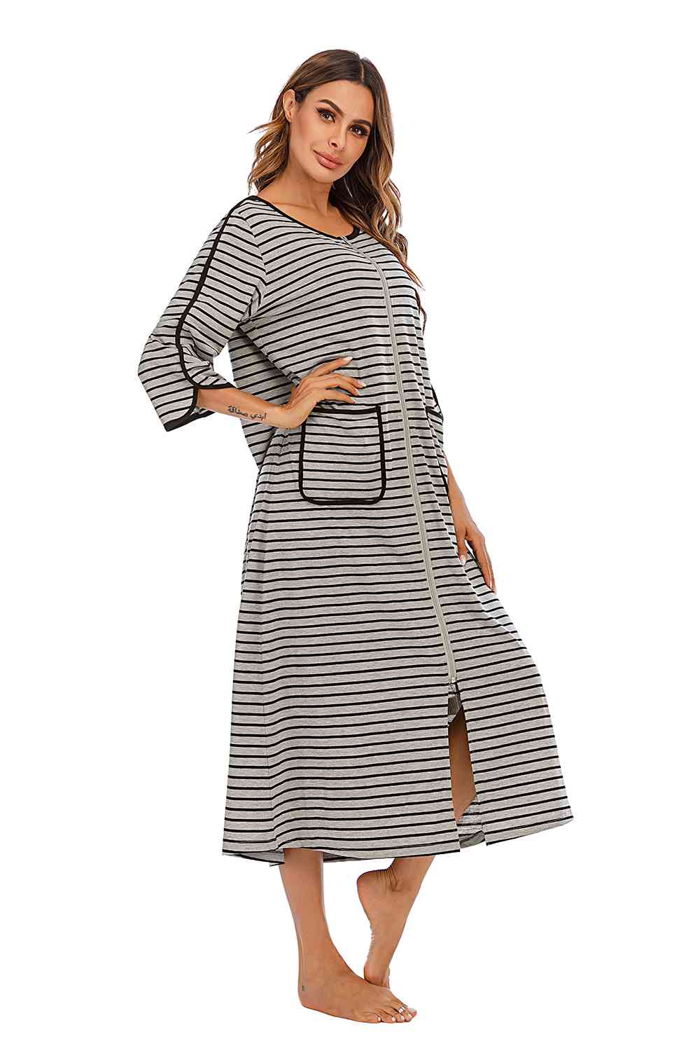 Round Neck Three-Quarter Sleeve Midi Night Dress