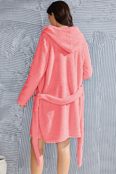 Fuzzy Tied Pocketed Hooded Lounge Nightgown | Soft Solid Polyester Nightgown