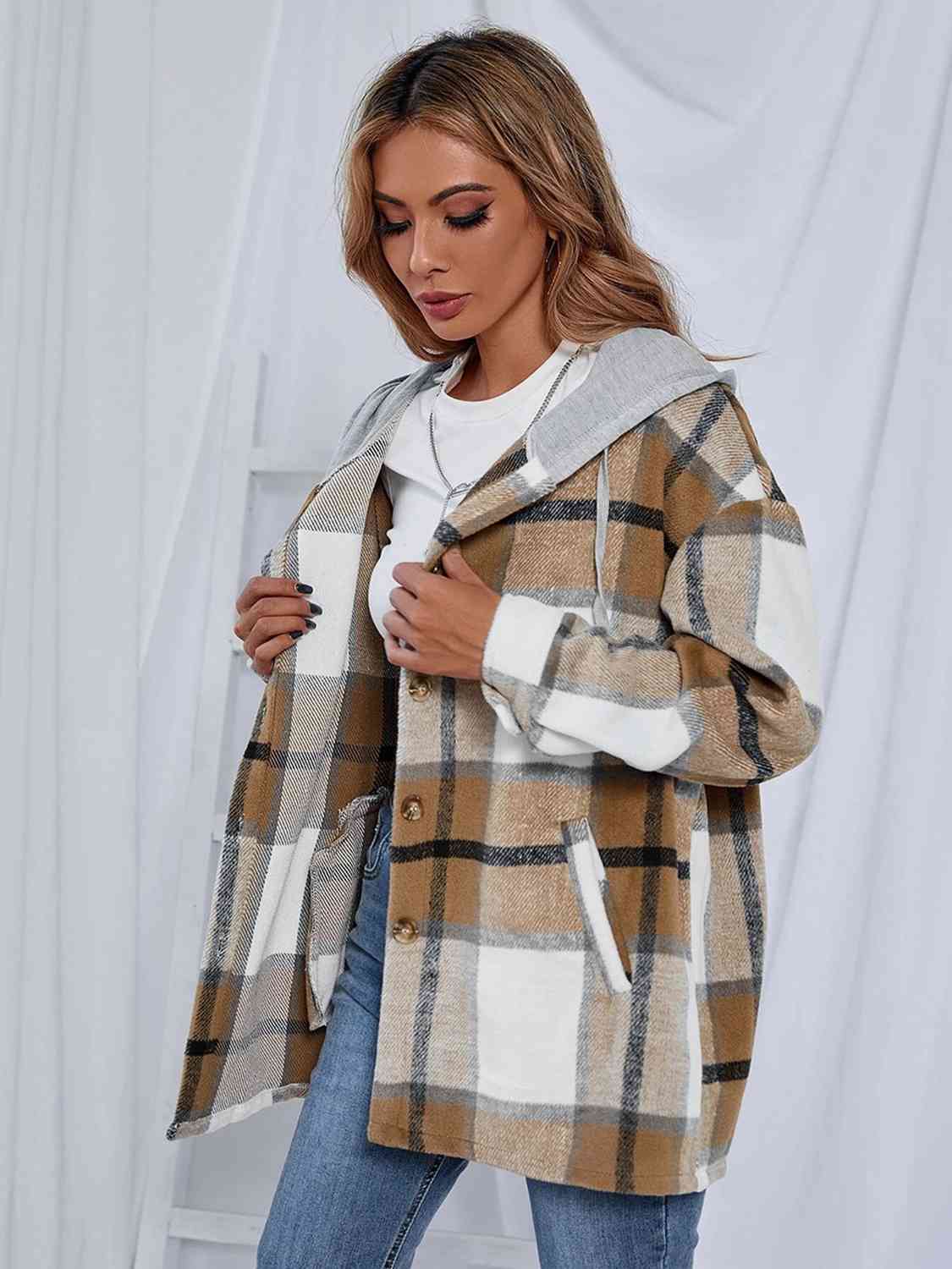 Plaid Hooded Jacket with Pockets | Casual Polyester Jacket With Long Sleeves