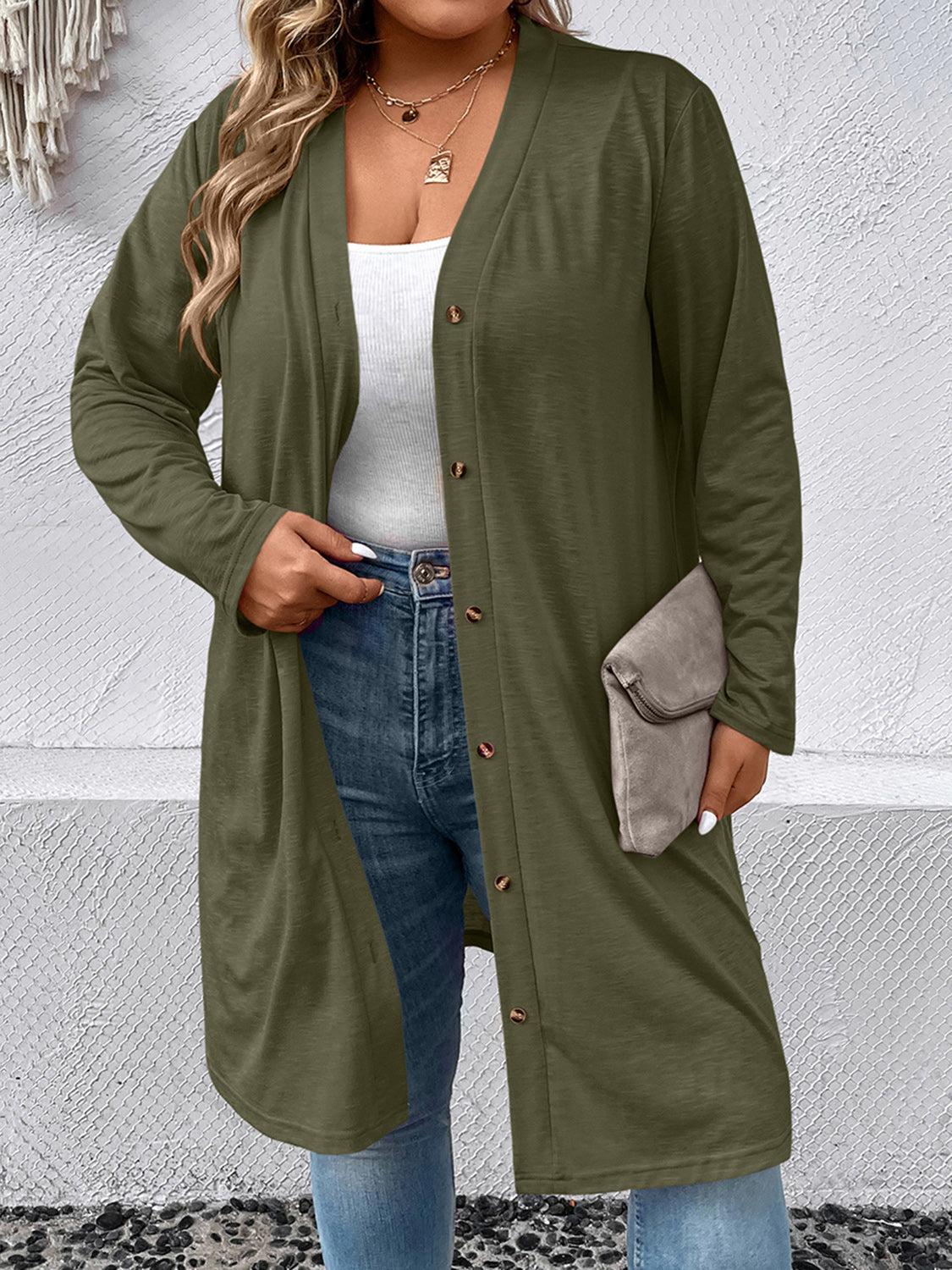 Plus Size Button Down Longline CardiganPlus Size Button Down Longline Cardigan | Polyester Cardigan With Long Sleeves