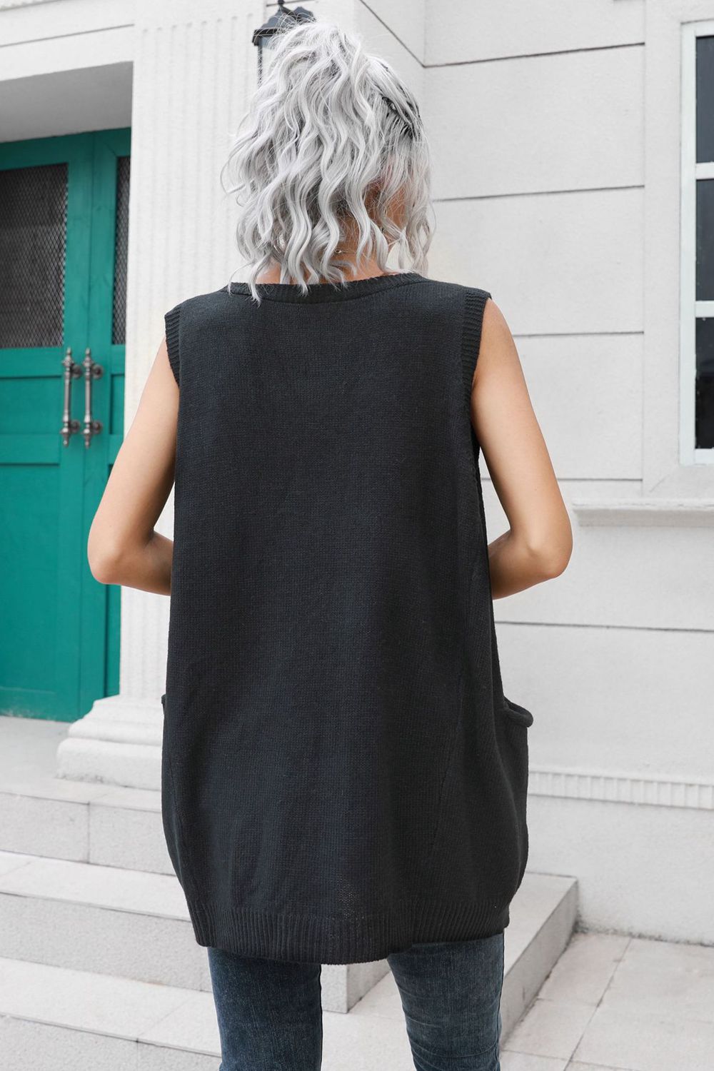 V-Neck Sleeveless Sweater Vest with Pocket | Long Solid Acrylic Sweater Vest