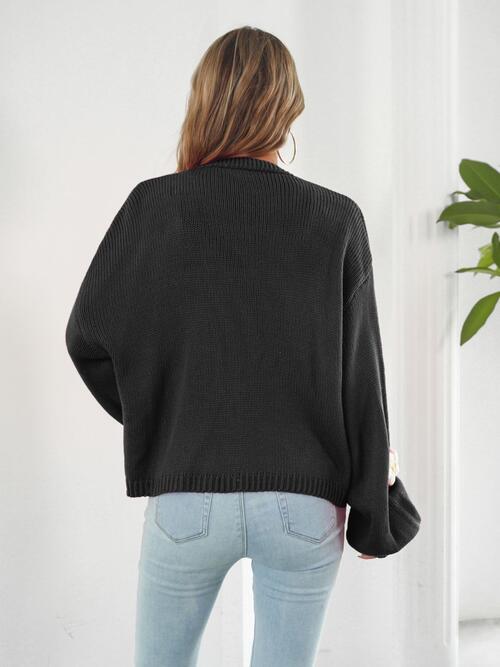 Floral Open Front Long Sleeve Cardigan | Ribbed Cuffs & Hem Acrylic Cardigan