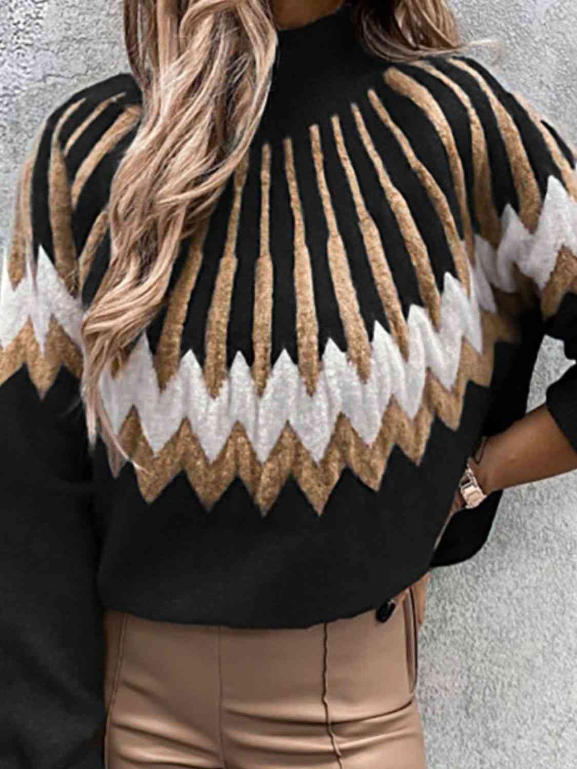 Mock Neck Long Sleeve Sweater | Patterned Sweater With Ribbed Cuffs And Neckline
