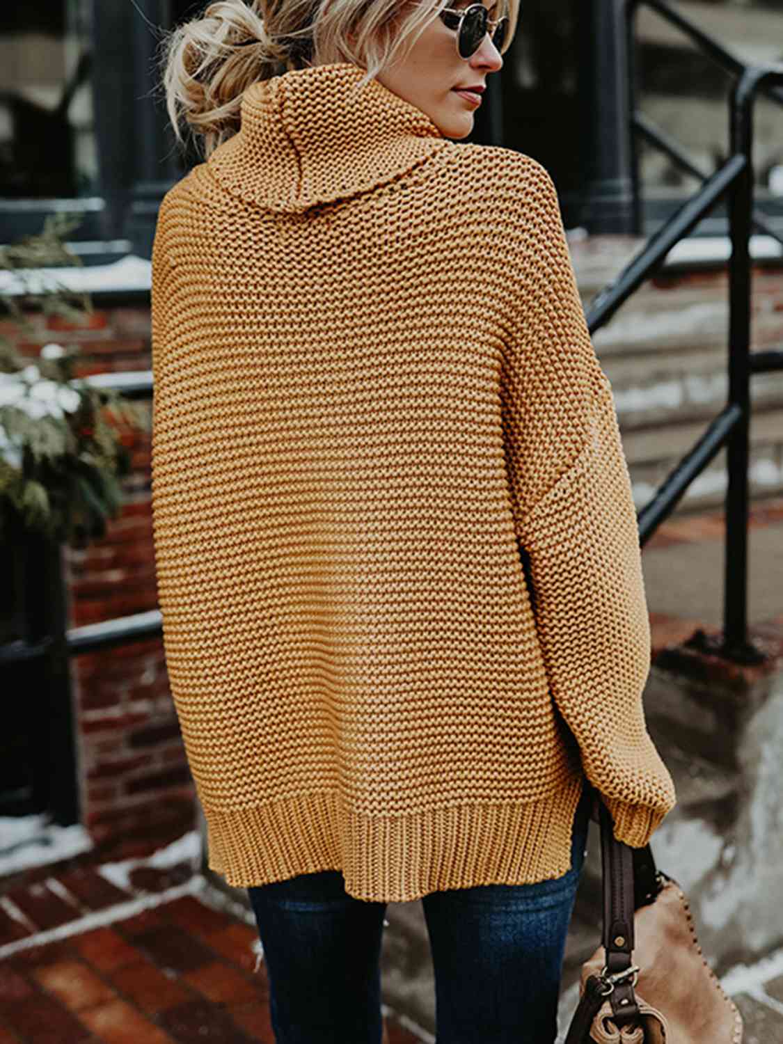 Turtleneck Dropped Shoulder Slit Sweater | Fashionable Knitted Acrylic Sweater