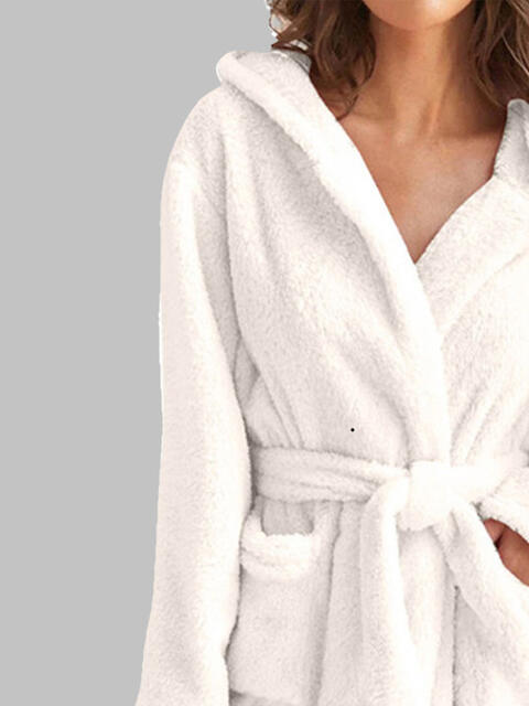 Tie Waist Hooded Robe | Soft Solid Stretched Polyester Robe With Pockets