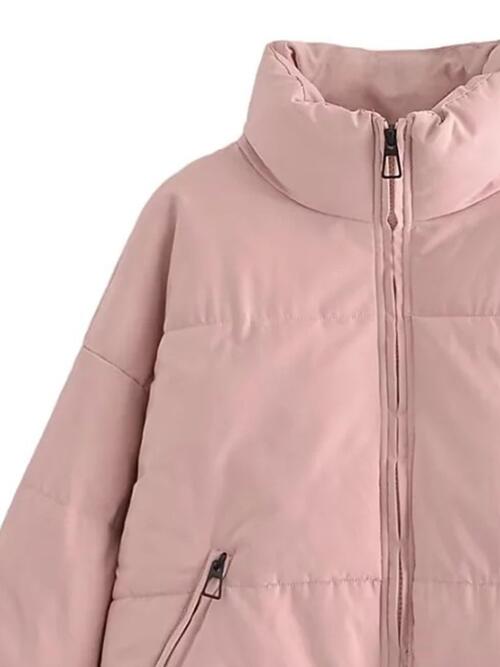 Zip Up Drawstring Winter Coat with Pockets | Polyester Coat With High Neckline