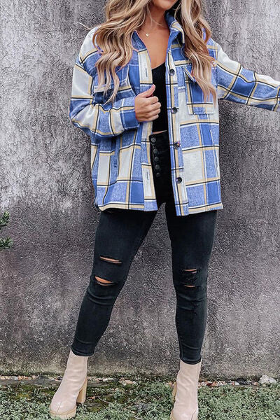 Plaid Pocketed Dropped Shoulder Coat | Casual Buttoned Coat With Collar Neck