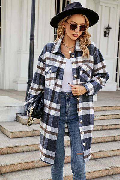 Plaid Button Up Collared Neck Coat with Pockets | Long Sleeves Polyester Coat