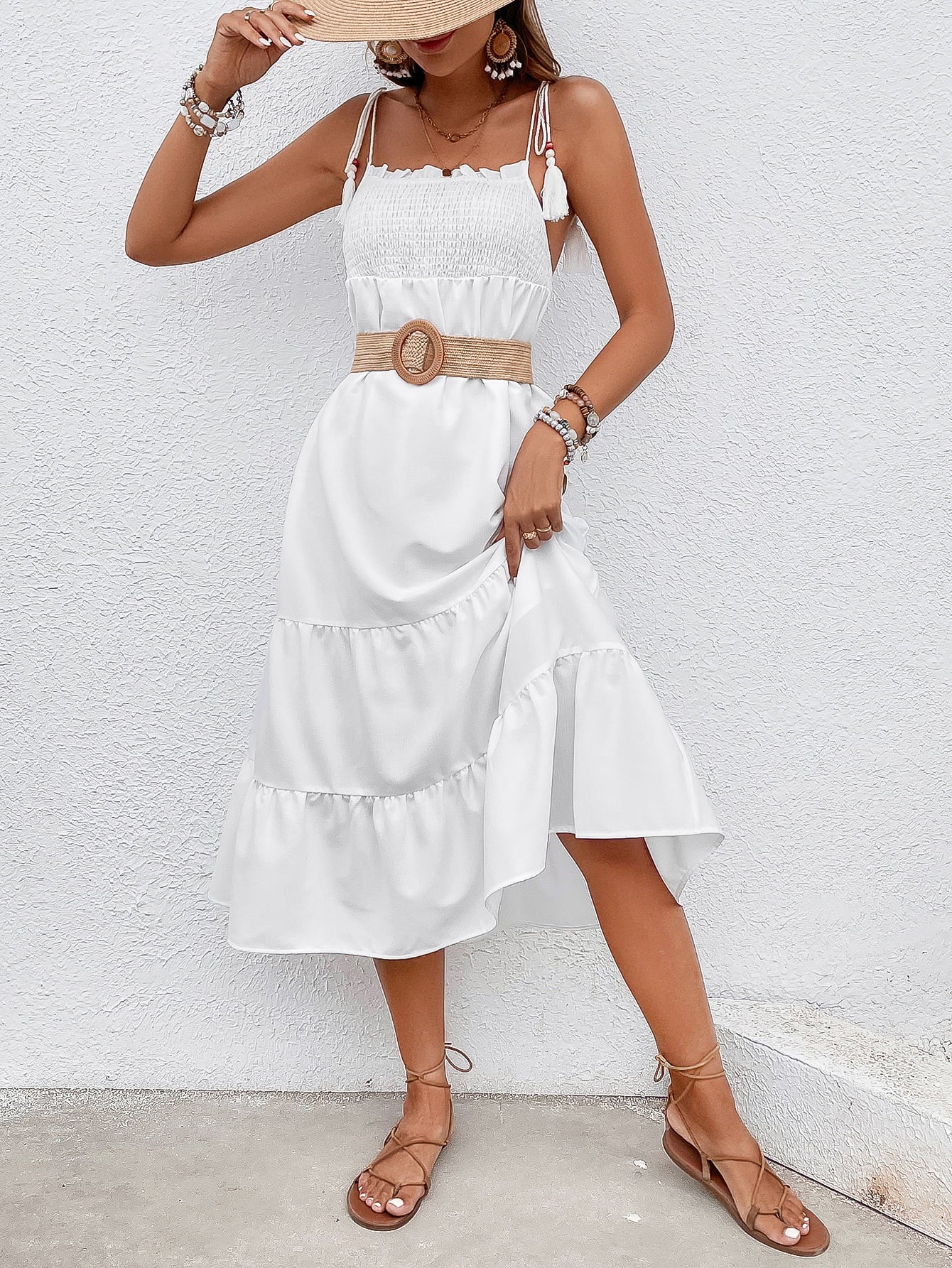 Tie-Shoulder Smocked Tiered Midi Dress