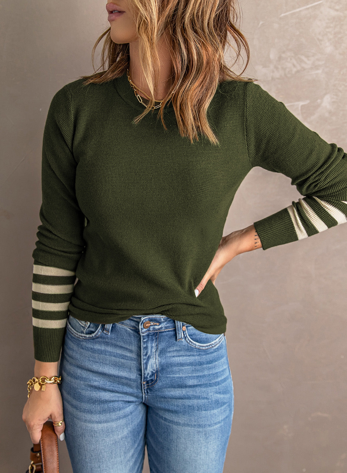 Striped Round Neck Long Sleeve Knit Top | Casual Top With Ribbed Cuffed Sleeves