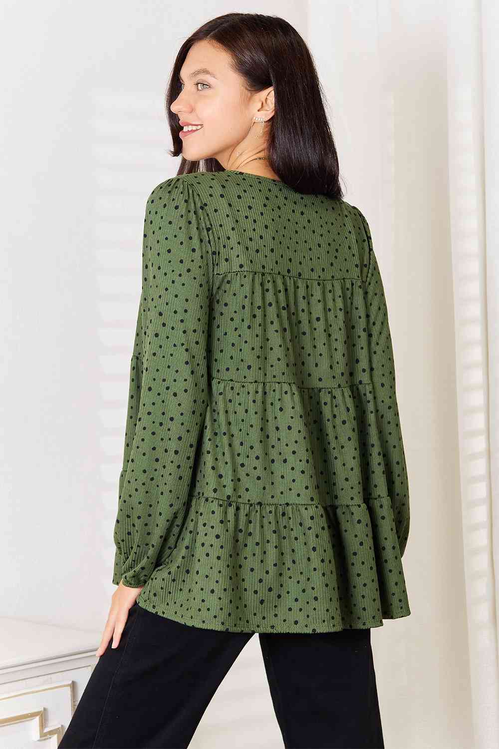 Heimish Full Size Long Puff Sleeve Polka Tiered Top | Stretchy Polyester Top