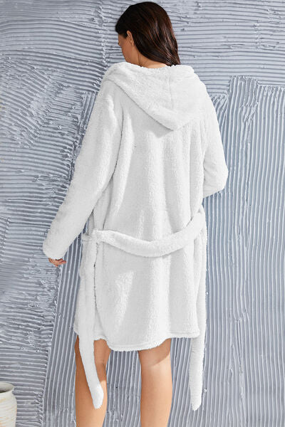 Fuzzy Tied Pocketed Hooded Lounge Nightgown | Soft Solid Polyester Nightgown