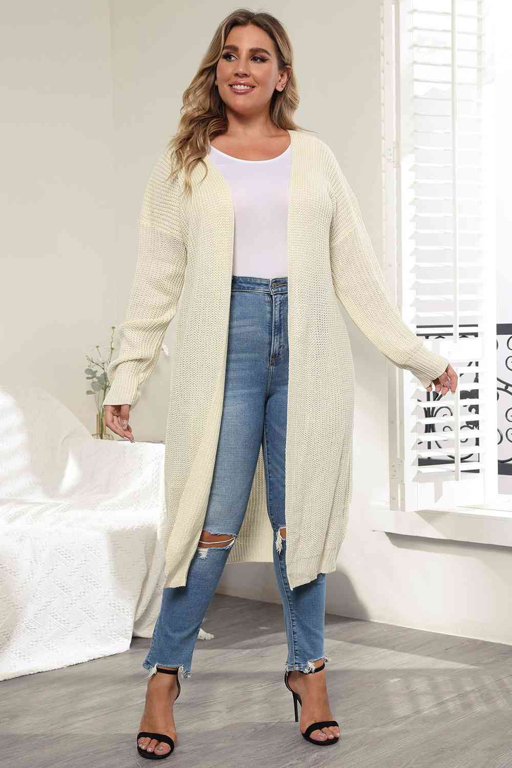 Plus Size Open Front Long Sleeve Cardigan | Casual Solid Long Acrylic Cardigan