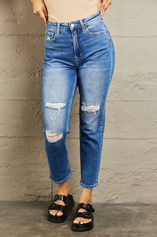 BAYEAS High Waisted Cropped Dad Jeans | Casual Solid Distressed Cotton Jeans