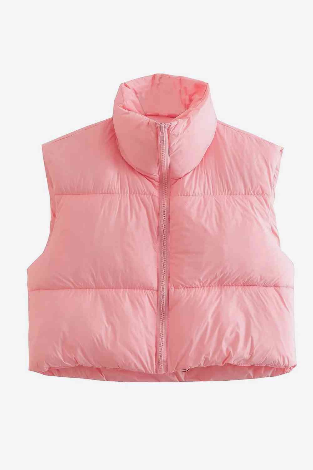 Zip-Up Drawstring Puffer Vest | Cropped Solid Band Collar Polyester Vest