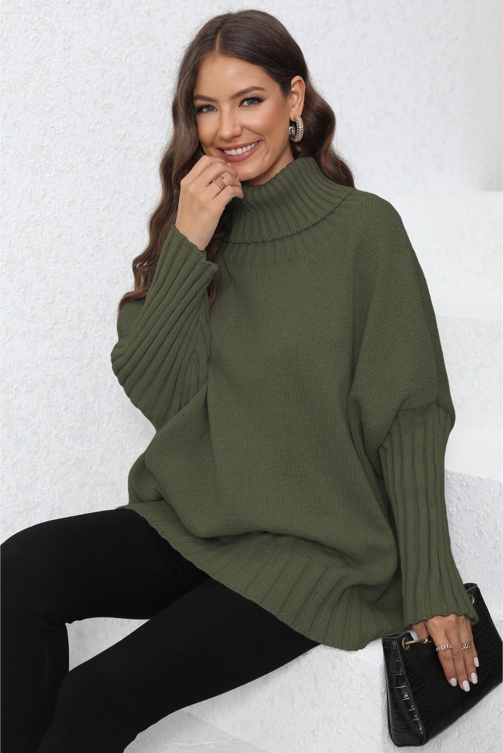 Turtle Neck Long Sleeve Ribbed Sweater | Casual Dolman Sleeve Ribbed Hem Sweater