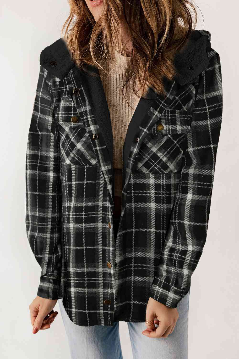 Plaid Snap Down Hooded Jacket | Casual Pocketed Jacket With Long Sleeves