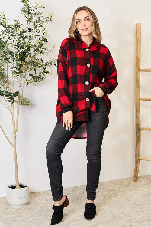 Heimish Full Size Plaid Button Front Hooded Shirt | Casual Stretchy Shirt